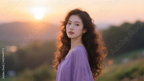 Portrait of a beautiful young Asian woman with long curly hair enjoying the golden hour sunset in a tranquil field with soft backlighting