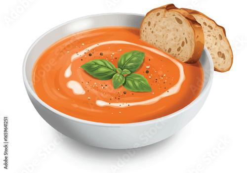 Bowl of creamy tomato soup with basil garnish and slices of bread.