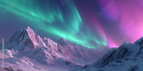 A vibrant green and magenta aurora borealis dances over a snow-covered mountain range, casting an ethereal glow on the icy peaks and creating a magical arctic nightscape