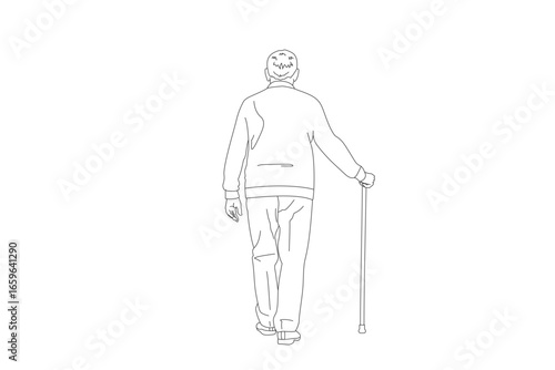 杖をついて歩くシニア男性の線画イラスト