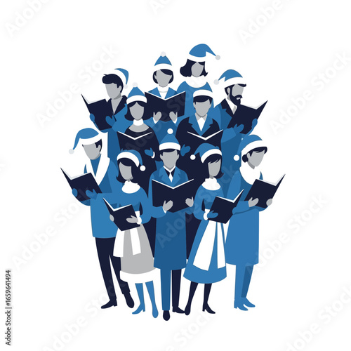 Harmonious Retro Christmas Caroler Group Clip Art Stylized Silhouette Festive