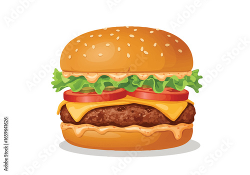 A detailed, appetizing illustration of a classic cheeseburger with fresh ingredients and sesame seed bun.