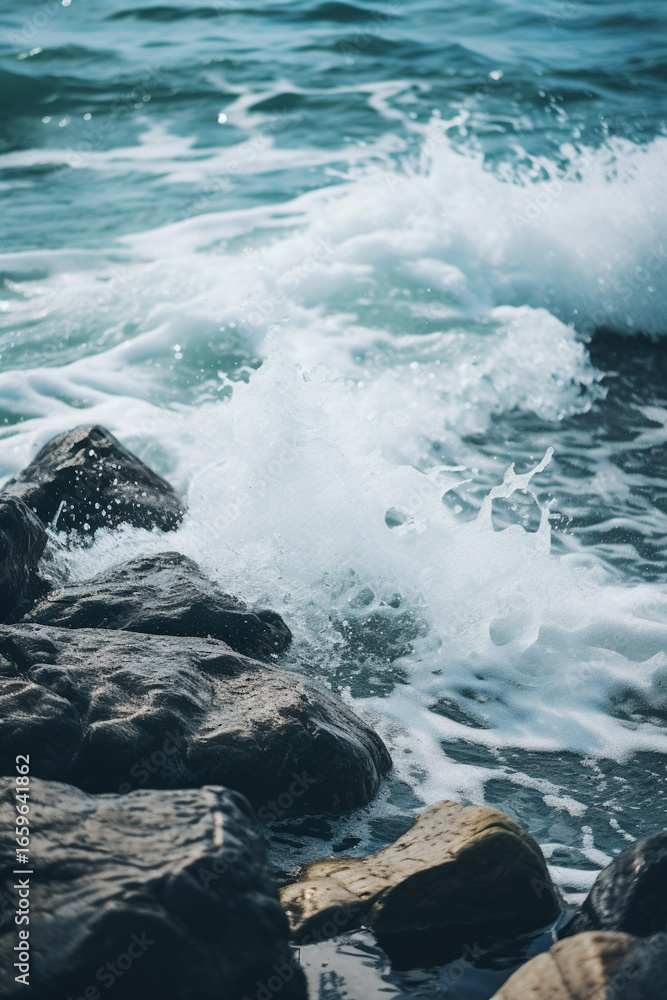 Fototapeta premium Powerful ocean waves crash onto dark textured rocks at the shoreline creating white foam and spray