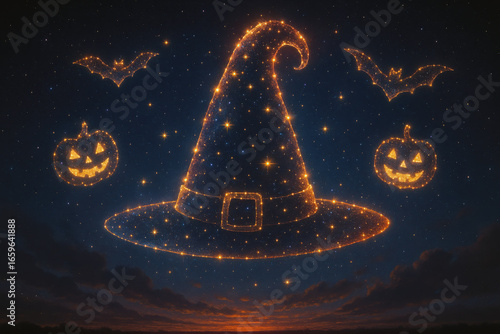 Surreal glowing stars forming halloween shapes. AI Generative.