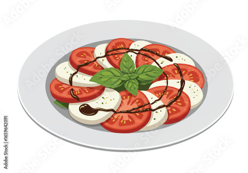 A fresh Caprese salad with sliced tomatoes, mozzarella, basil leaves, and balsamic glaze on a white plate.