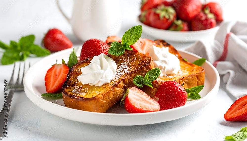 Delicious french toast topped with fresh strawberries and whipped cream Delicious french toast topped with fresh strawberries and whipped cream