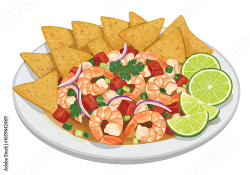 Plate of shrimp ceviche with tortilla chips and lime wedges.
