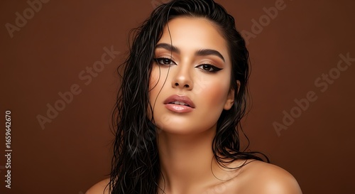 Wallpaper Mural Portrait of a woman with wet hair and makeup against a brown background Torontodigital.ca