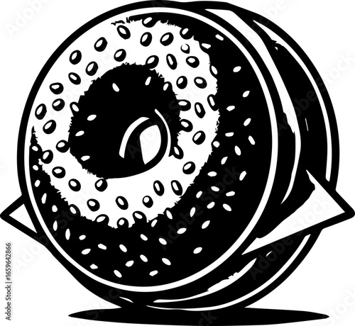 Illustration of a black and white bagel with seeds and a hole in the center in a graphic style