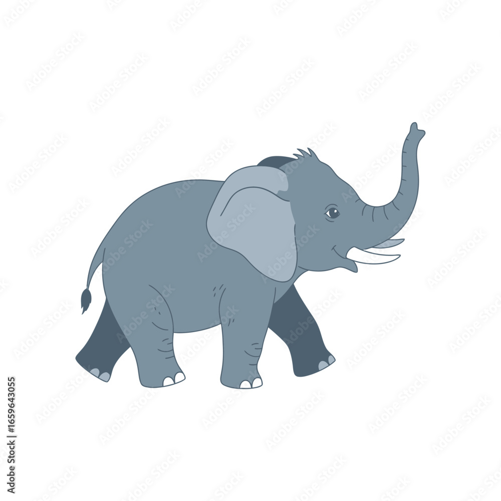 Fototapeta premium Retro Adorable Baby Elephant Walking Clip Art Trunk Raised Minimalist Design