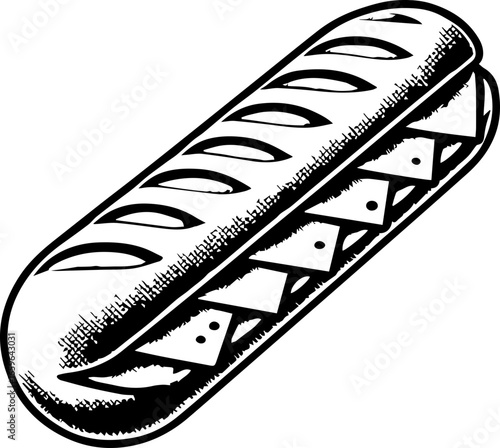 Detailed black and white illustration of a sub sandwich with cheese triangles and bread texture