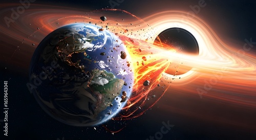 Terrifying black hole engulfs Earth with fiery destruction amidst cosmic debris and swirling accretion disk.