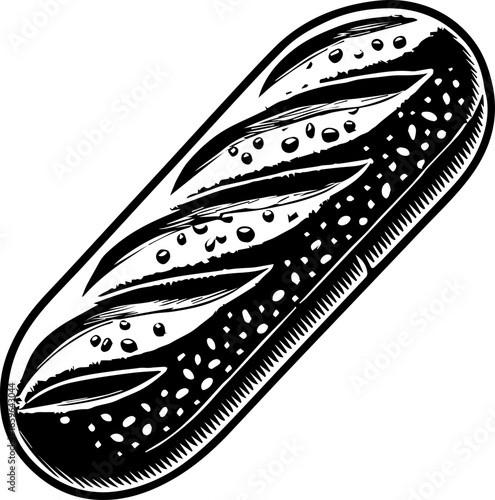 Illustration of a long baguette with scoring marks and a crusty texture in black and white style