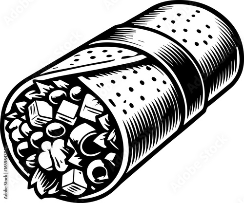 Illustration of a burrito with visible fillings and a dotted tortilla wrap in black and white style