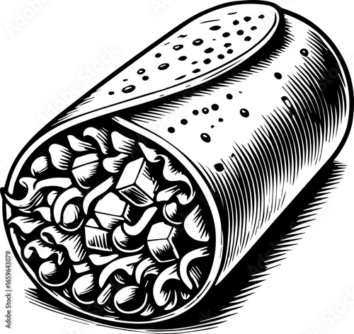 Illustration of a burrito with visible filling and a textured tortilla wrap in black and white style
