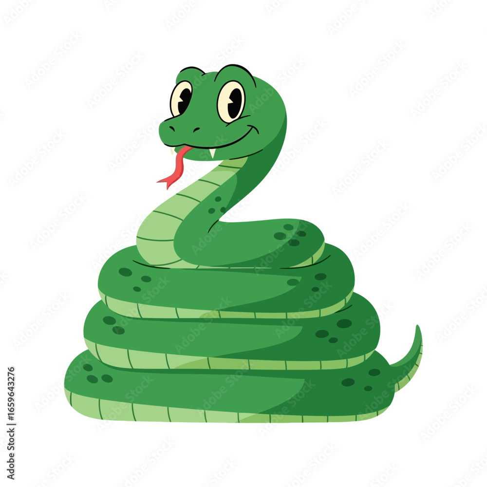 Naklejka premium Retro Coiled Green Snake Friendly Expression Clip Art Minimalist Flat Design