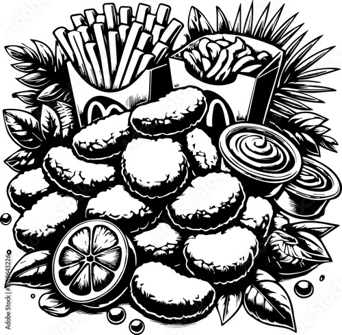 A monochrome illustration of chicken nuggets, french fries, sauces and lemon slice artfully arranged