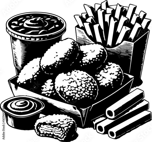 Monochrome illustration of chicken nuggets with fries and dipping sauce in containers and a tray