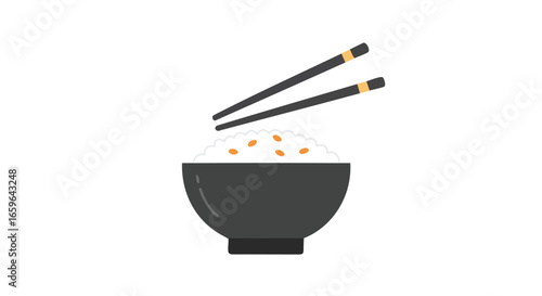 A simple illustration of a bowl of rice with chopsticks, ready to eat.