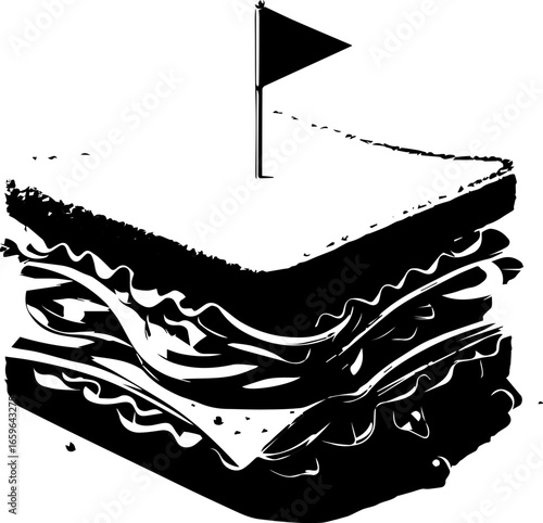 Illustration of a black and white sandwich with a flag on top, showing layers of filling and bread slices