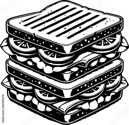 Illustration of a triple decker sandwich with tomatoes lettuce and grilled bread in black and white