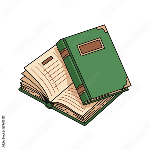Retro Forest Green Brown Old Ledger Book Clip Art Diagonal Composition