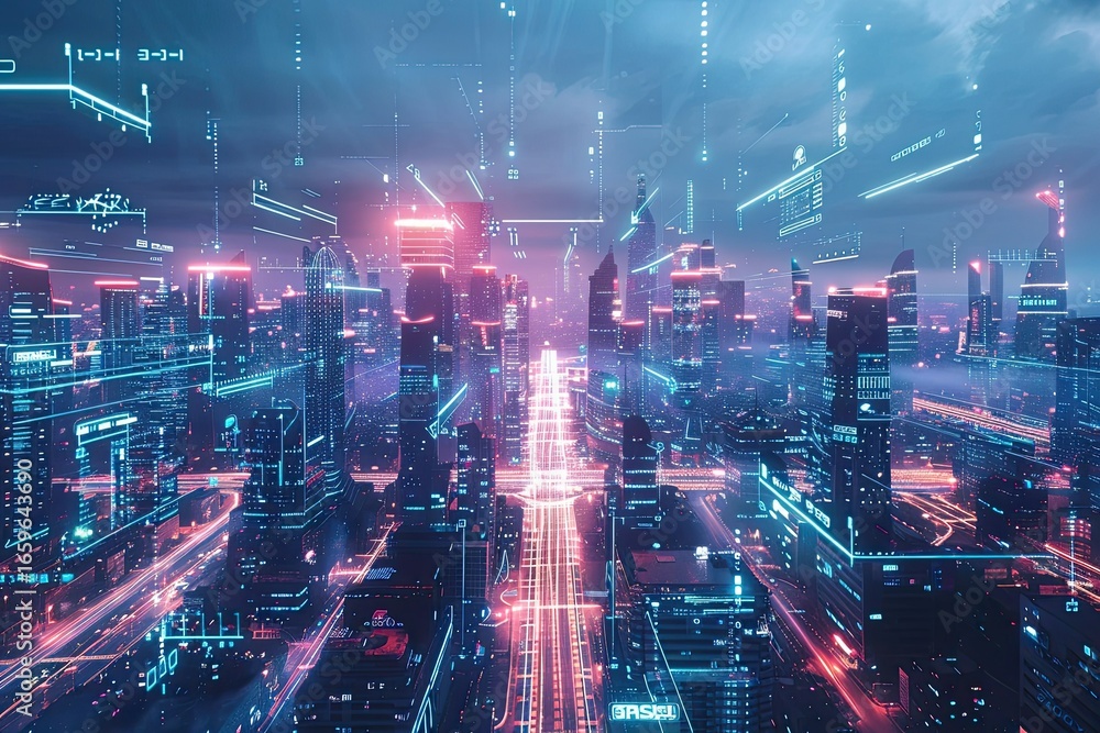 Fototapeta premium Futuristic digital city skyline with virtual payment system technology