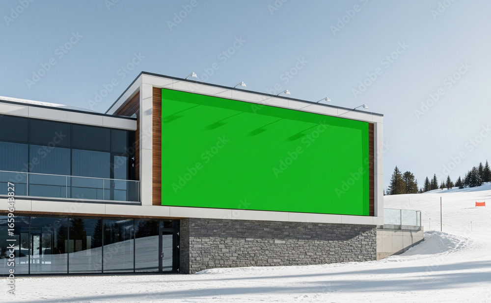 Obraz premium Billboard Green Screen Mockup On Ski Lodge Exterior With Snowy Slopes