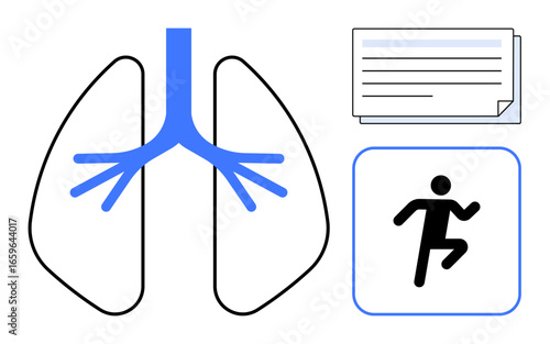 Lung illustration with trachea and bronchi in blue, dynamic running figure, and medical chart. Ideal for health, fitness, respiratory care, breathing, medicine exercise education. Simple flat