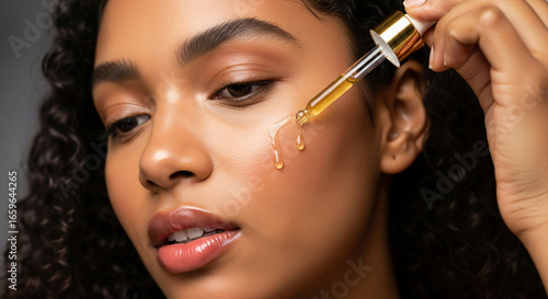 Wallpaper Mural Woman applying facial oil with a dropper on her face for skincare routine Torontodigital.ca