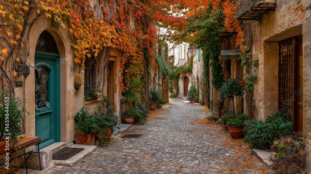 Fototapeta premium Narrow European alley with autumn vines covering the walls