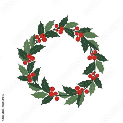 Welcoming Retro Holly Berries Wreath Clip Art Deep Green Red Festive Decoration