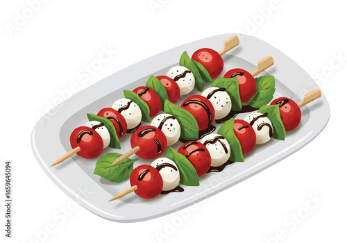 Three caprese salad skewers with cherry tomatoes, mozzarella, and basil, drizzled with balsamic glaze on a white platter.
