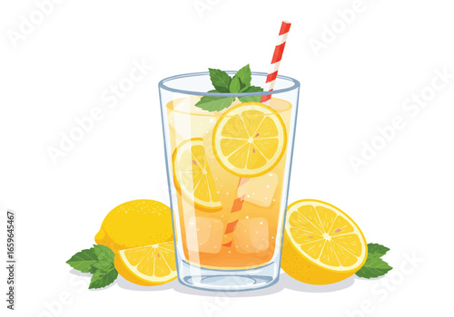 A refreshing glass of lemonade with lemon slices, ice, mint, and a striped straw.