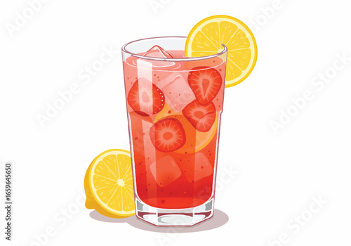 A tall glass filled with refreshing strawberry lemonade, garnished with a lemon slice and fresh strawberries, with a halved lemon beside it.