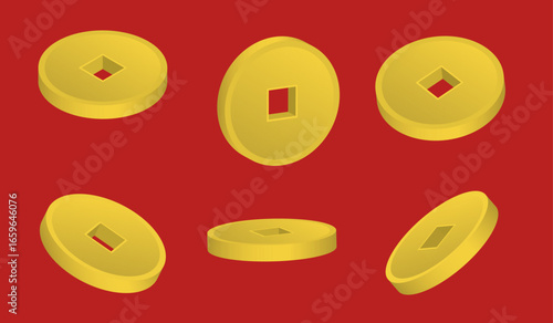 Isometric set of Chinese traditional coins of ancient minting with a square hole in center aerial view. Realistic 3D vector concept isolated on red background