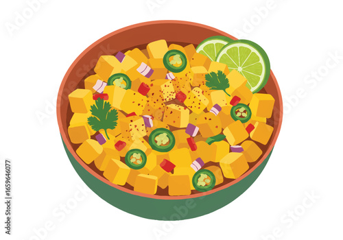 A vibrant bowl of mango salsa with diced mango, lime, cilantro, and spices.