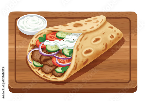 A delicious Greek gyro sandwich filled with meat, vegetables, and tzatziki sauce, served on a wooden board with a side of dip.