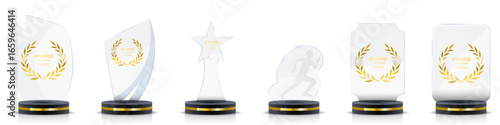 Vector glass trophy collection. Transparent crystal award set for sports winners, corporate achievements, business success, first place, recognition ceremonies, and championship events.