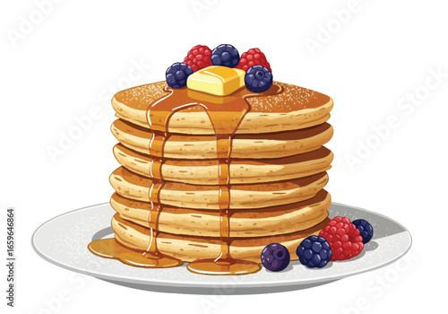 Stack of pancakes with syrup, butter, and berries on a white plate.
