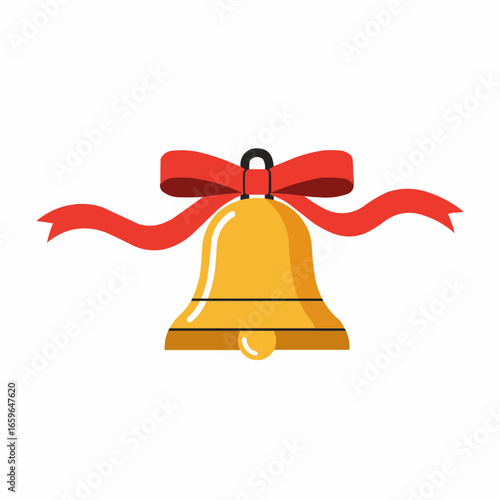 Golden bell with red ribbon for holiday decorations  