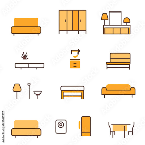 Flat minimalist vector icons of modern interior furniture and home decor elements including sofas, cabinets, lamps, table, sink, and plant in warm orange and brown tones on white background