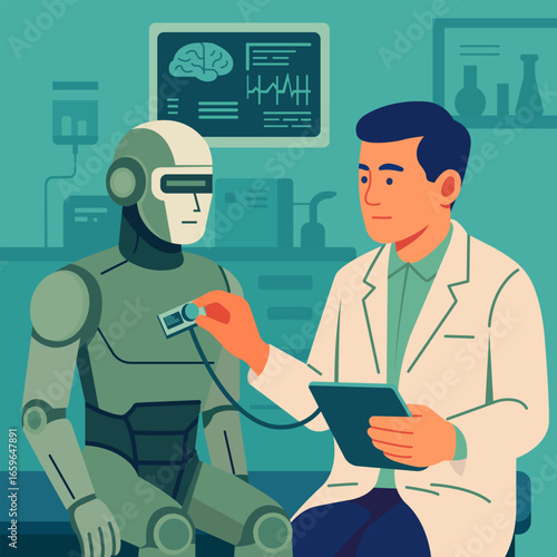 Flat vector illustration of a humanoid robot connected to medical equipment while a doctor reviews health data in a futuristic laboratory.