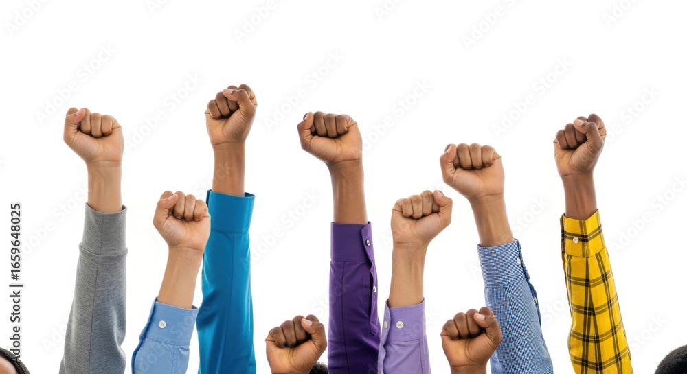 Obraz premium Diverse hands raised in solidarity promoting unity and celebrating empowerment on white background