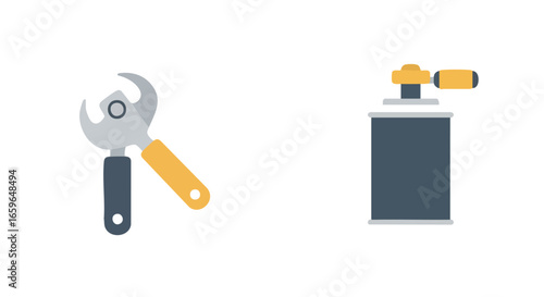 A flat vector illustration of a can opener and a blowtorch side by side on a white background.