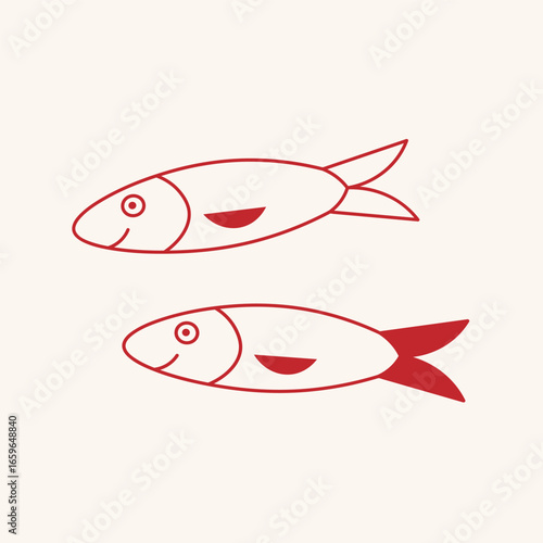 Sardine fish drawing on isolated background. Hand drawn sketch with graphic funny pilchard, seafood, sea fishing. Design element for logo, template, label, card, poster. Vector flat food illustration