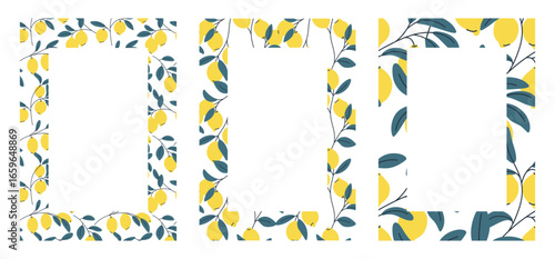 Set of rectangular decorative lemon frames and borders for invitations and recipes