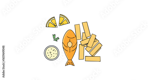 A plate of fish and chips with lemon and tartar sauce.