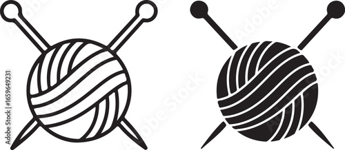 Sewing related icon vector art of ball of yarn with knitting needles, black and white