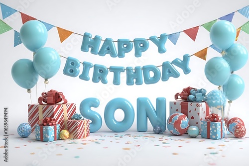 Celebrate your son's special day with this vibrant birthday scene featuring balloons, gifts, and festive banners